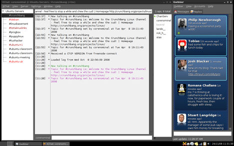 CrunchBang Linux 8-10-01 with XChat and Gwibber microblogging client