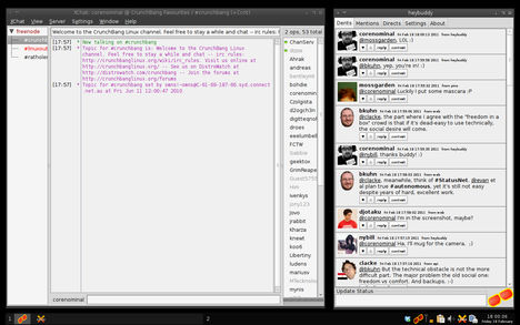 Crunchbang Statler, showing XChat IRC client and Heybuddy Identi-ca client