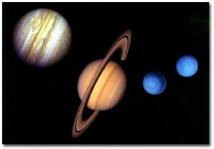 Jupiter típusú bolygók: Jupiter, Szaturnusz, Uránusz, Neptunusz