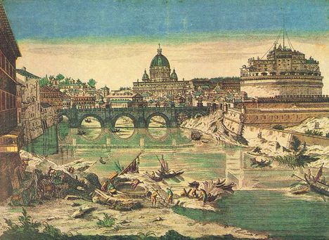 Róma, a Szent Péter-székesegyház és az Angyalvár - színezett metszet, 1730-1740