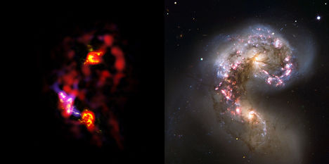 eso1137d  balra az ALMA, jobbra a Hubble-űrávcső felvétele