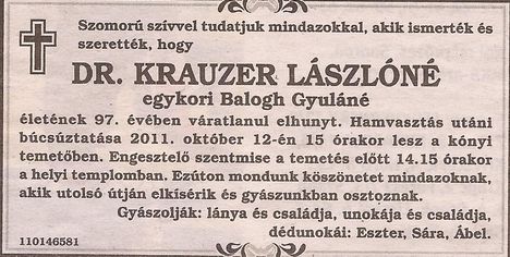 Krauzer Lászlóné gyászjelentése