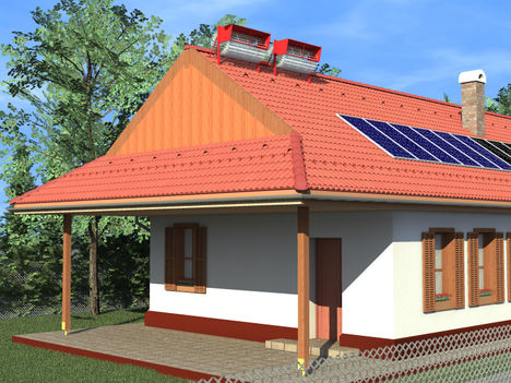 városi szélgenerátor és napelemek kombinációja hibrid rendszer családi házon (számítógépes grafika)