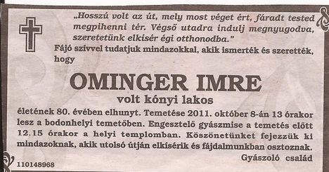 Ominger Imre gyászjelentése