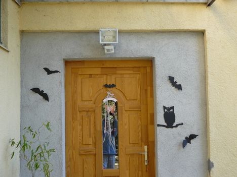 Halloween ötletek - bejárati ajtó bagollyal, denevérrel