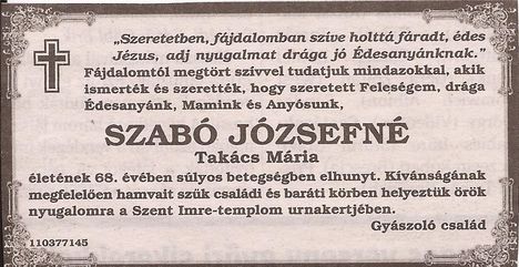 Szabó Józsefné Takács Mária 2011.gyászjelentése