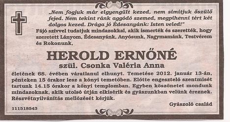Herold Ernőné Csonka Valéria gyászjelentése