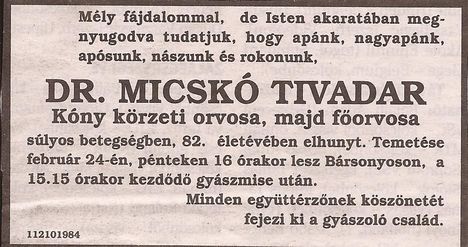 dr. Micskó Tivadar gyászjelentése