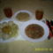 Hajdina leves, vöröslencse ragu barnarizskörettel, savanyúval, köles desszert, árpa tea, édesital