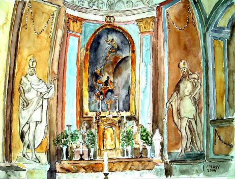 Rábaszentmiklós, a tempolom szentélye, akvarell