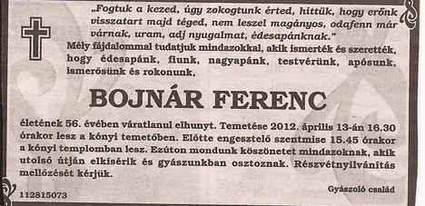 Bojnár Ferenc gyászjelentése