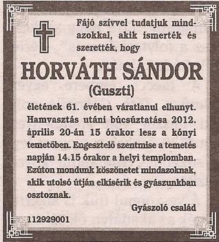 Horváth Sándor gyászjelentése