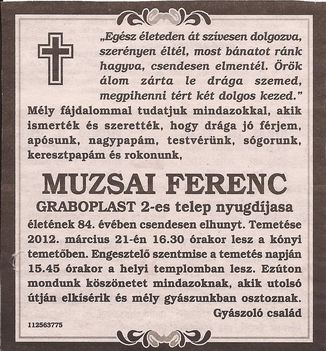 Muzsai Ferenc gyászjelentése