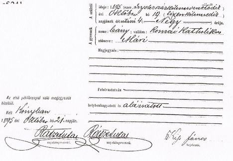 1895. első polgári anyakönyvi bejegyzés születésről