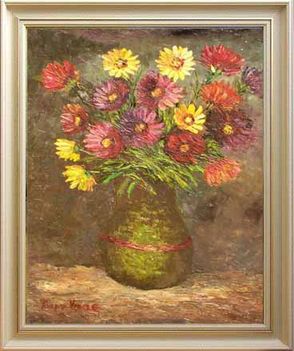csendélet-olajfestmény 3 Gászpor Vince.Virágcsokor aranyozott vázában,olajfestmény farost lemezre