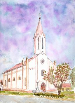 Beled,katolikus templom, akvarell