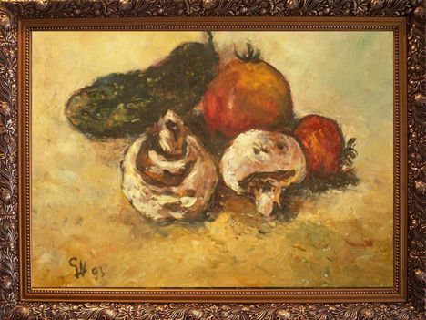 festmény galéria 1 Gászpor Vince.30x40cm.Gomba,paradicsom,uborka-csendélet,olajfestmény farost lemezre