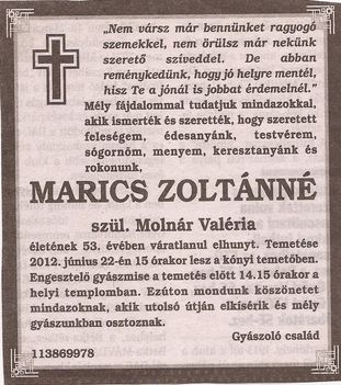 Marics Zoltánné Molnár Valéria gyászjelentése
