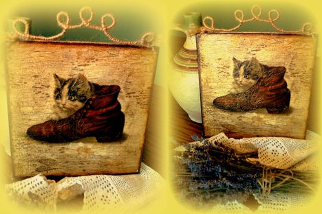 Decoupage  - cicás kép antikolva