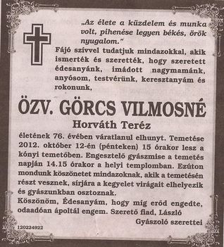 Görcs Vilmosné gyászjelentése