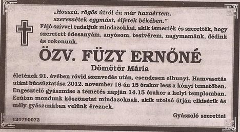 Füzi Ernőné gyászjelentése