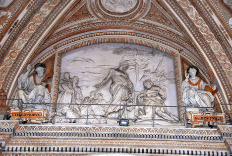 Bernini's relief _Pasce Oves Maes_between St. Telesphorus and St. Xystus over the main portal