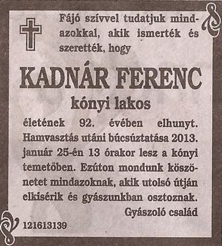Kadnár Ferenc gyászjelentése