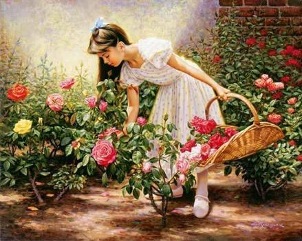 rózsát szedő kislány kosárral