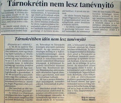 Tárnokrétin nem lesz tanévnyitó. Kisalföld, 1995