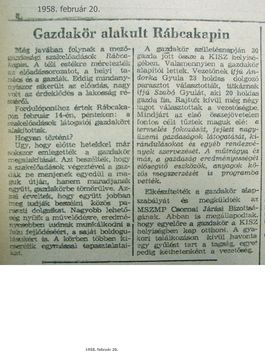 Gazdakör alakult, Kisalföld, 1958.02