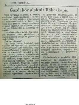Gazdakör alakult, Kisalföld, 1958.02