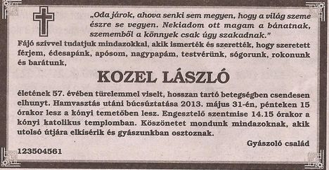 Kozel László gyászjelentése