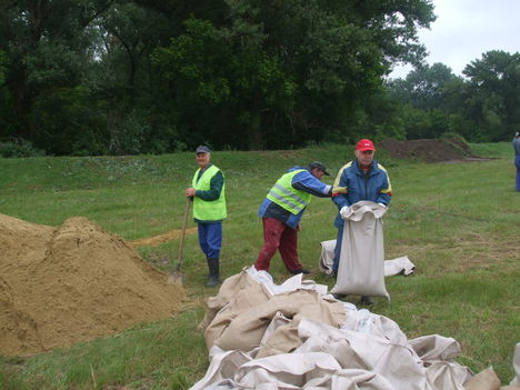 Árvízi védekezés Gönyűn 2013.06.05. délelőtt 5