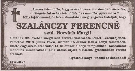 Szalánczy Ferencné gyászjelentése