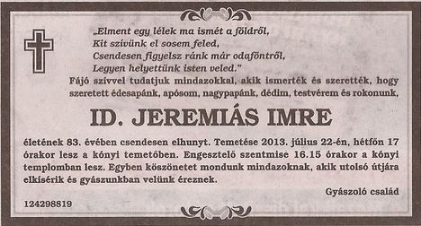 Jeremiás Imre gyászjelentése