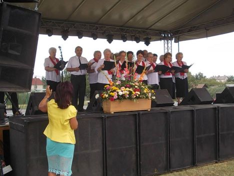 Piros rózsa nyugdíjasklub tagjai énekelnek a kónyi falunapon 2013-ban.