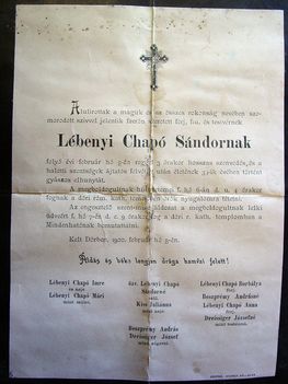 Lébenyi Chapó Sándor gyászjelentése