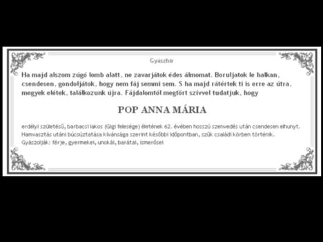 Pop Anna Mária, gyászközlemény