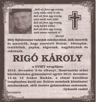 Rigó Károly gyászjelentése