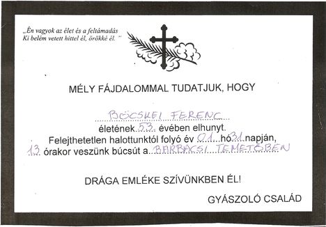 Böcskei Ferenc gyászjelentése