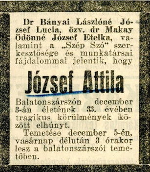 József Attila gyászjelentése 1937!