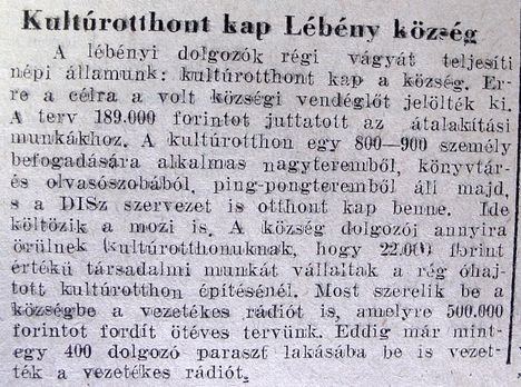 Lébényi kultúrház, Győr-Sopronmegyei Hírlap, 1953.06.02.2.o.