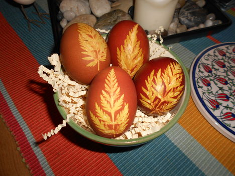 Kisbodaki néphagyomány, tojásfestés hagymahéjjal és büröklevéllel, 2014. április 20.-án