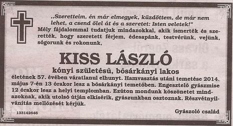 Kiss László gyászjelentése