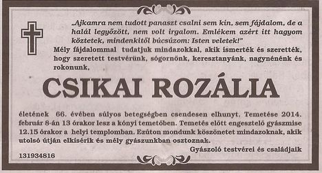 Csikai Rozália gyászjelentése