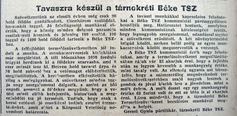 Tárnokréti Béke TSZ, Győr-Sopronmegyei Hírlap1956.03.11. 1.o.