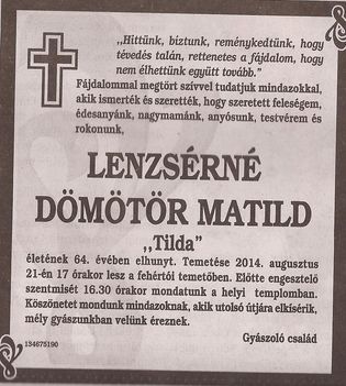 Lenzsérné Dömötör Matild gyászjelentése