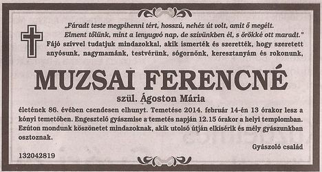 Muzsai Ferencné gyászjelentése