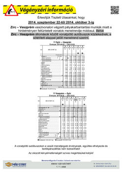 Zirc - Veszprém vasútvonal - pályakarbantartás miatt a vonatok menetrendje módosul, ill. vonatpótló autóbuszok közlekednek (2014. szept. 22-től 2014. okt. 3-ig)