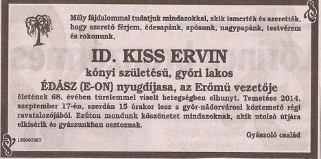 Kiss Ervin gyászjelentése